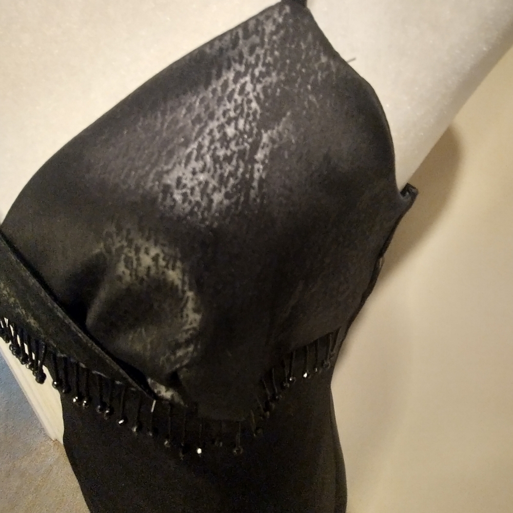 Vintage La Belle Black Snakeskin Dress With Fringe Trim At Bodice - Picture 3 of 10
